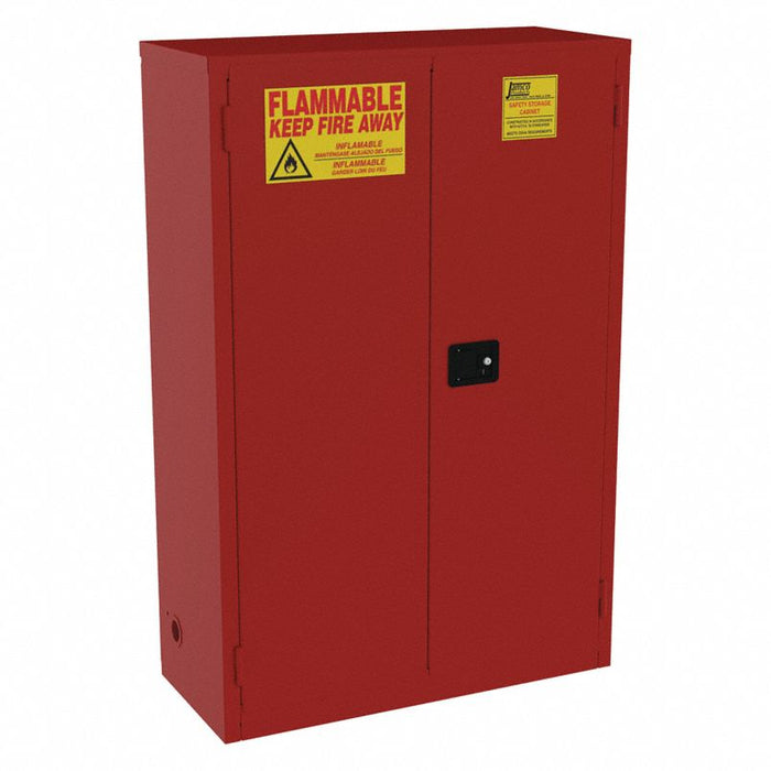 Flammables Safety Cabinet: Std, 72 gal, 43 in x 18 in x 65 in, Red, Manual Close, 5 Shelves, 72 gal