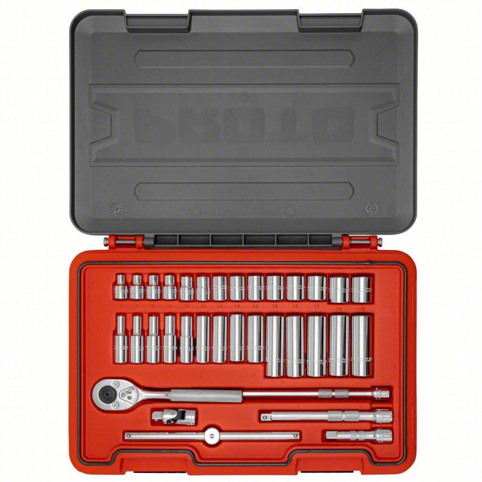 Socket Set: 3/8 in Drive Size, 34 Pieces, 6 mm to 19 mm Socket Size Range, (14) 12-Point