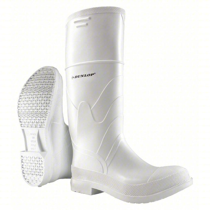 Rubber Boot: Defined Heel/Plain Toe/Waterproof, Rigid Steel, PVC, White, 8, Std Ht, 1 PR