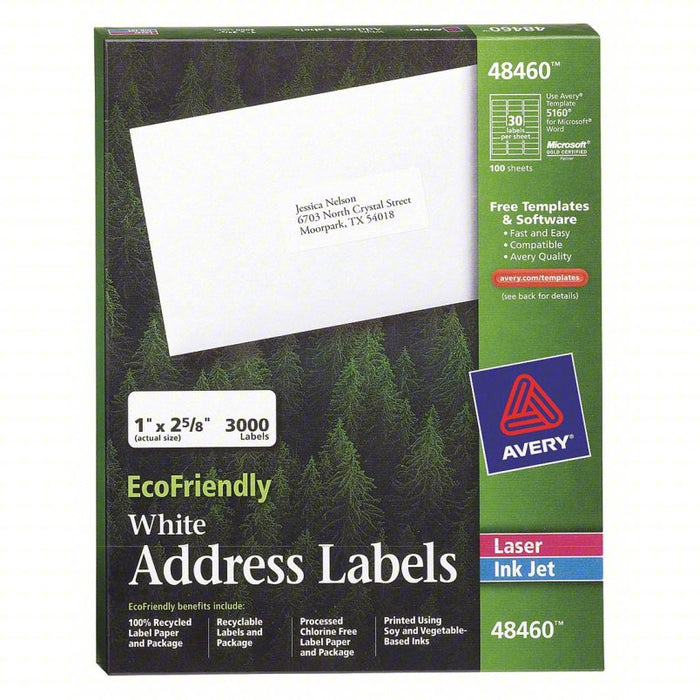 Laser/Inkjet Label: 48,460 Avery Template #, White, 1 in Label Ht, 2 5/8 in Label Wd, 100 PK