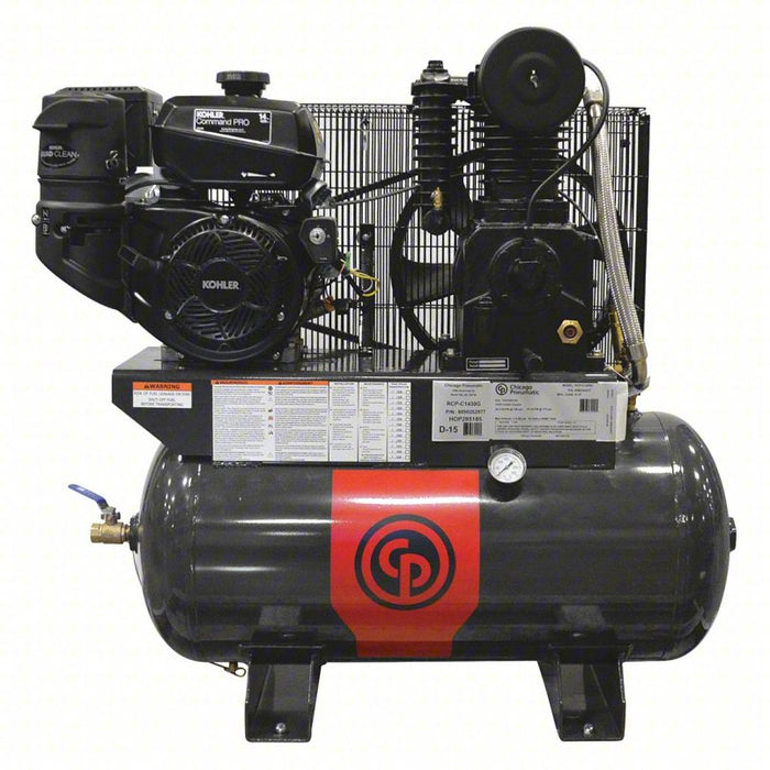 Stationary Air Compressor: 2 Stage, 14 hp Engine, Kohler, 23 cfm, 30 gal Air Tank