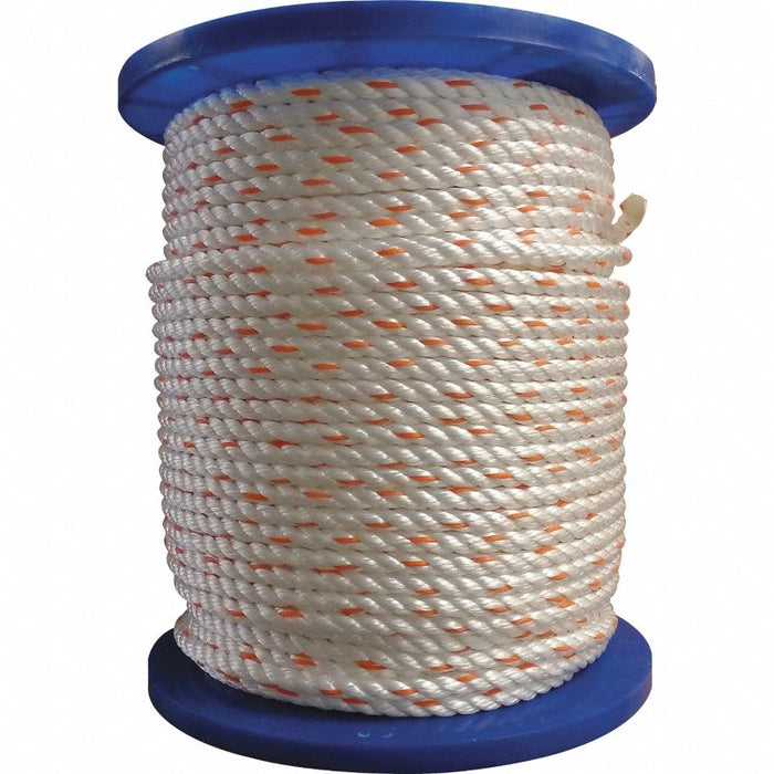 Rope: 1/4 in Rope Dia, White/Orange Tracer, 600 ft Rope Lg, 169 lb Working Load Limit, Twisted