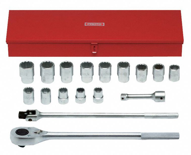 Socket Set: 1 in Drive Size, 17 Pieces, 1 1/16 in to 2 in Socket Size Range