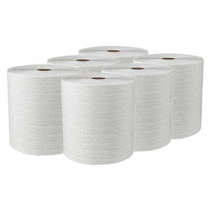 Paper Towel Roll: White, 8 in Roll Wd, 600 ft Roll Lg, Hardwound, 6 PK