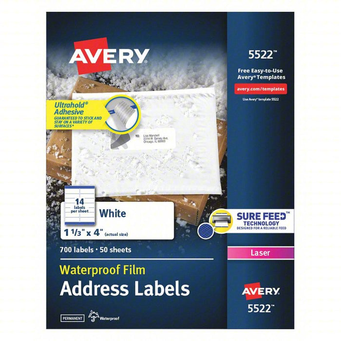 Laser Label: 5,522 Avery Template #, White, 1 1/3 in Label Ht, 4 in Label Wd, 700 PK