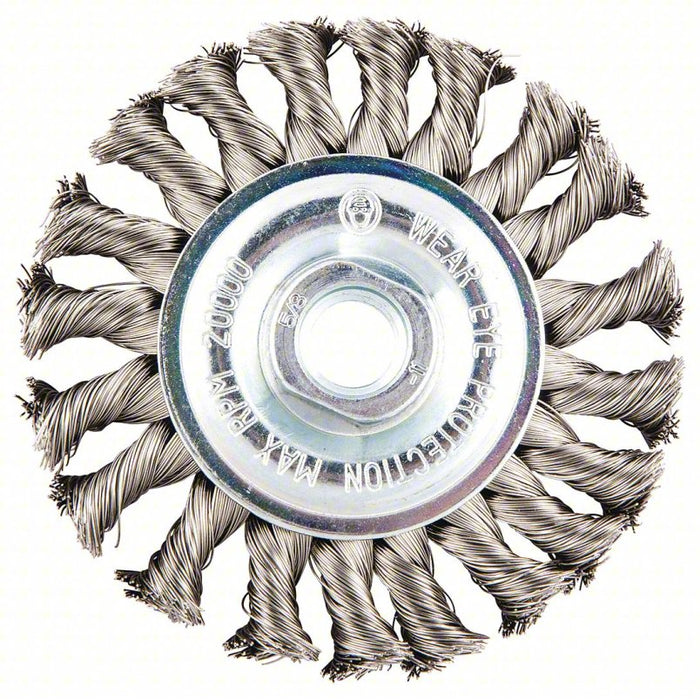 Wire Wheel Brush: 4 in Brush Dia., 5/8"-11 Arbor Hole, 0.02 in Wire Dia., Stainless Steel