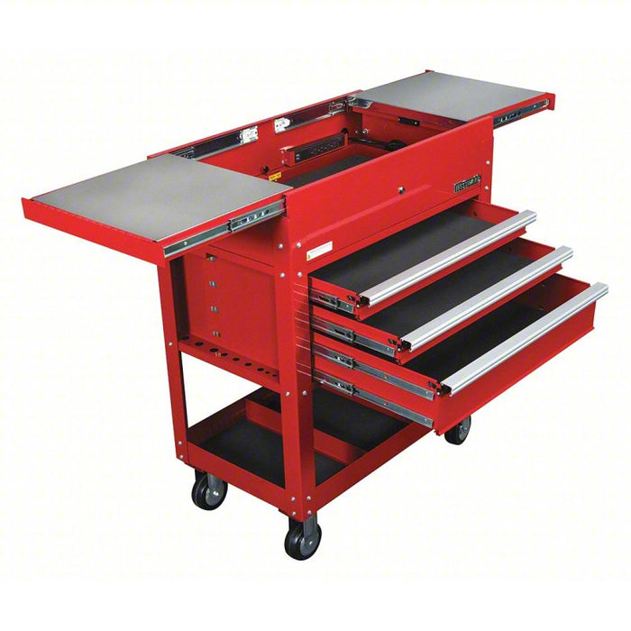 Tool Utility Cart: Powder Coated Red, 35 5/8 in Wd, 20 7/8 in Dp, 45 3/8 in Ht, No Lid