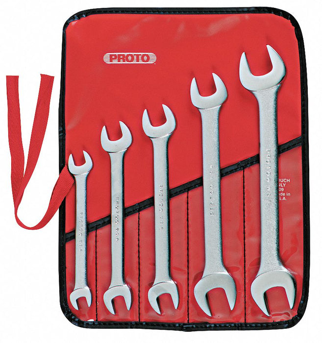 Open End Wrench Set: Alloy Steel, Satin, 5 Tools, 3/8 in to 7/8 in Range of Head Sizes