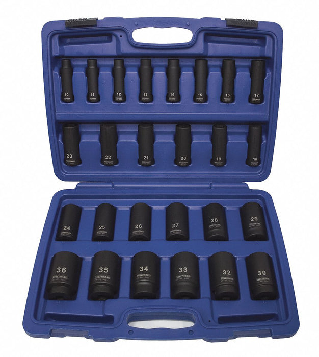 Impact Socket Set: 1/2 in Drive Size, 26 Pieces, 10 to 36 mm Socket Size Range, Metric