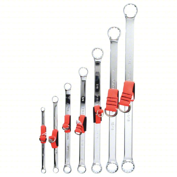 Box End Wrench Set: Alloy Steel, Chrome, 7 Tools, 5/16 in to 1 1/8 in Range of Head Sizes