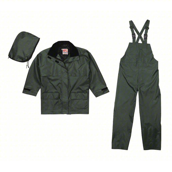 3-Piece Rainsuit with Detachable Hood: 3 Piece Rain Suit with Jacket/Bib Overall, Green, S