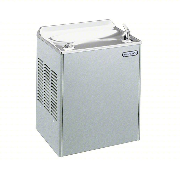 Single Drinking Fountain: On-Wall, Refrigerated, 22 in Ht, Gray, Non-Filtered, Top Push Button