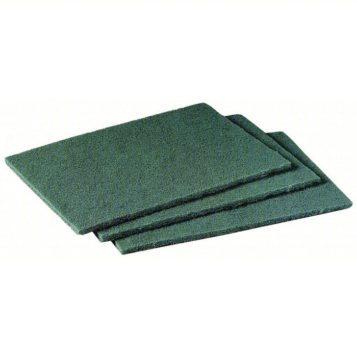 Scouring Pad: Synthetic Fiber, 9 in Lg, 6 in Wd, 1/4 in Ht, Green, 10 PK