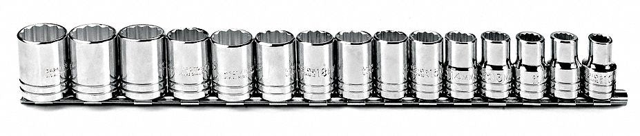 Socket Set: 1/2 in Drive Size, 15 Pieces, 10 mm to 24 mm Socket Size Range, (15) 12-Point