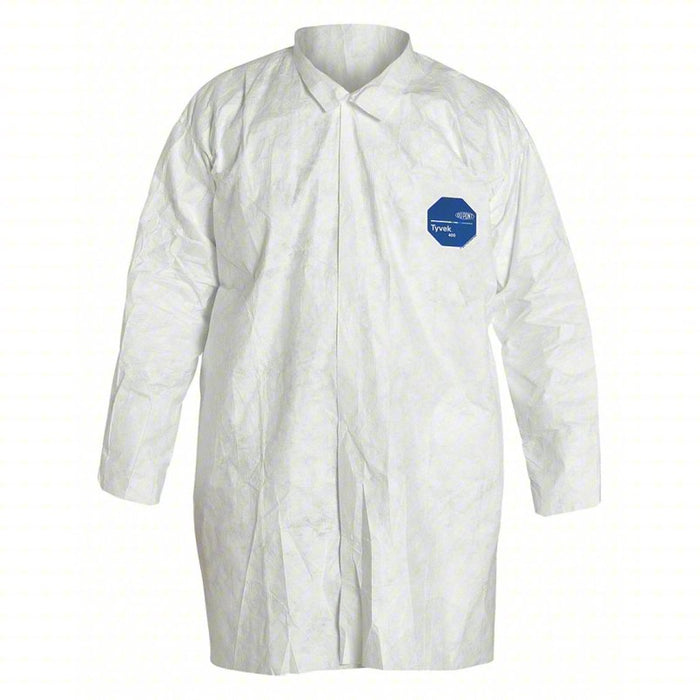 Disposable Lab Coat: Mandarin Collar, Open Cuff, Polyethylene, White, L, Dupont Tyvek(R) 400, 30 PK
