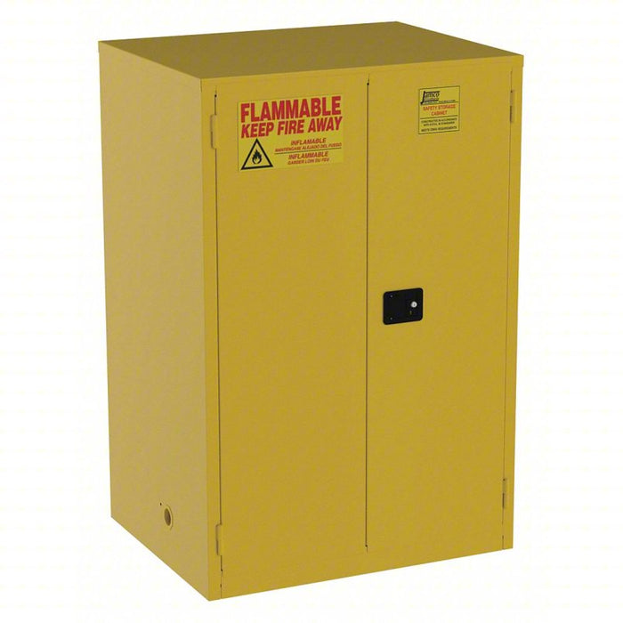 Flammables Safety Cabinet: Std, 90 gal, 0 Drum Capacity, 43 in x 34 in x 65 in, Yellow, Manual Closeuire installed cabinets to have self-closing doors.